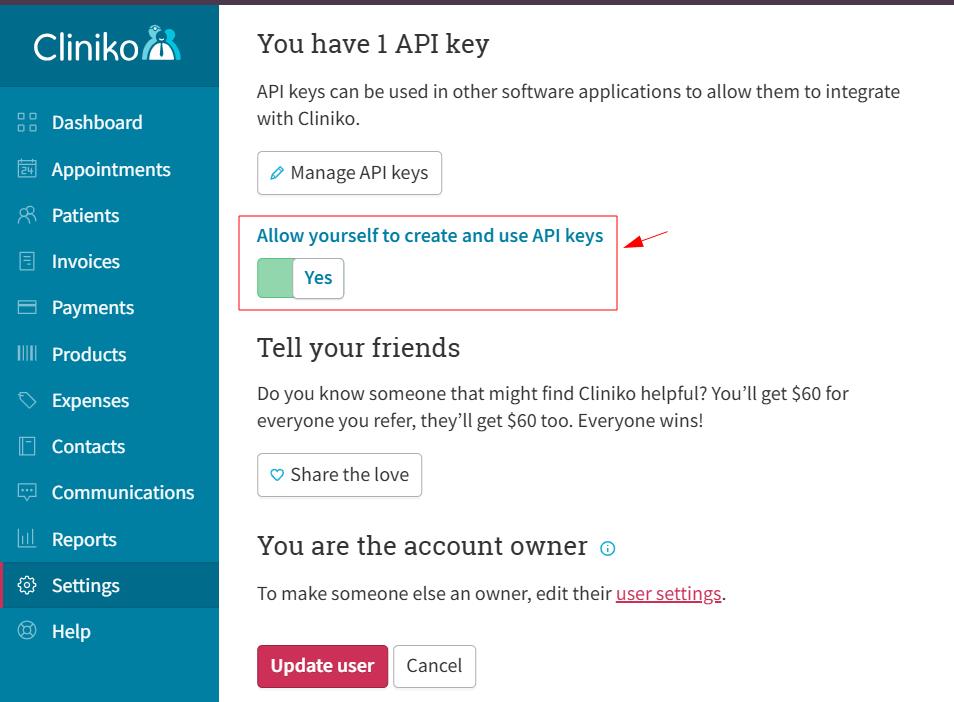 Close-up of the API key permission section in Cliniko.
