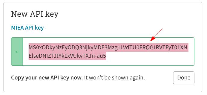 Cliniko screen showing a newly created API key ready to copy.