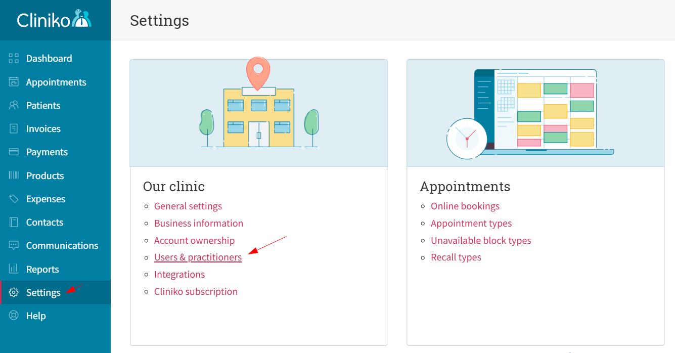 Cliniko Settings screen with Users & practitioners highlighted.