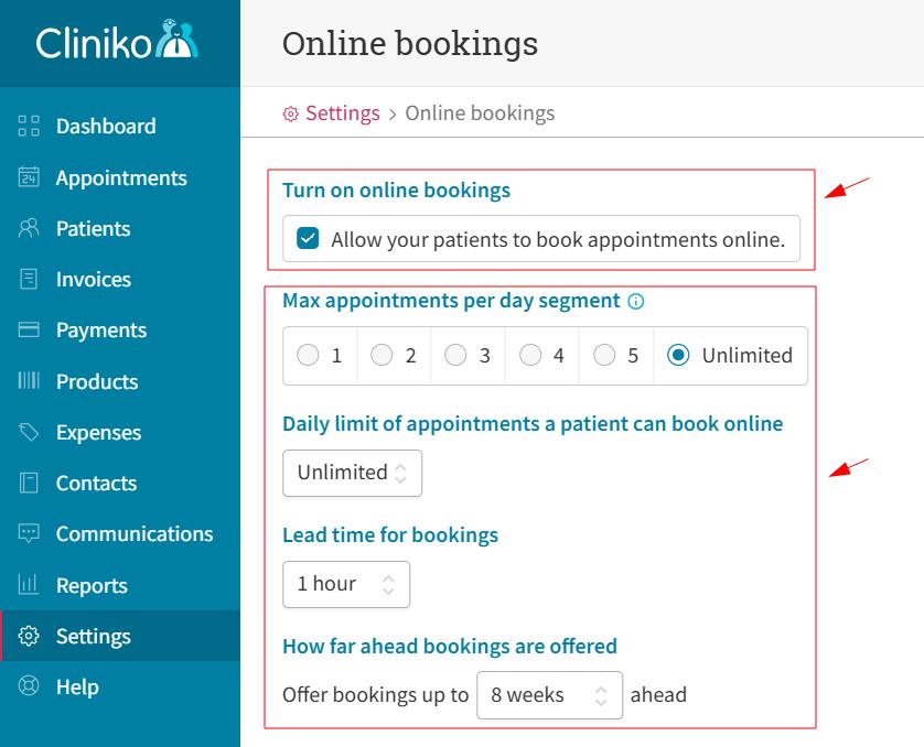Cliniko online bookings configuration screen.