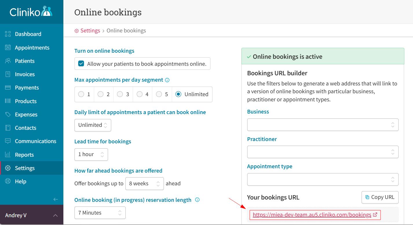 Cliniko bookings URL preview showing available time slots.