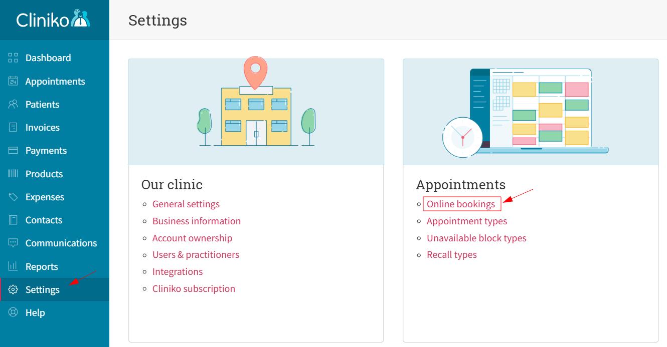 Cliniko Settings screen with Online bookings highlighted.