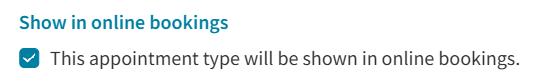 Toggle for enabling online booking for an appointment type.