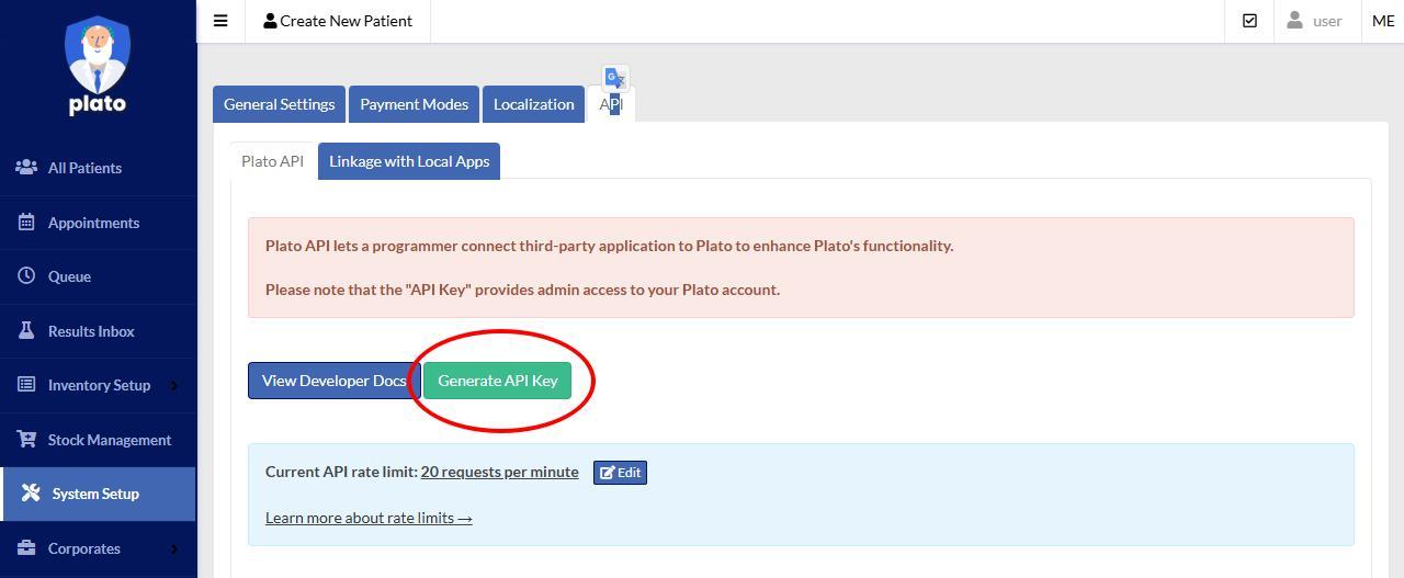 Plato screen showing a newly generated API key ready to copy.