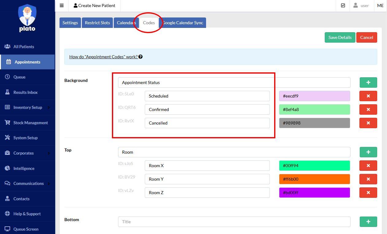 Plato Codes tab showing how to set up the three appointment statuses.